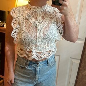 Lace Design White Cropped Blouse